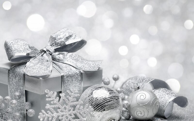 Silver Gift Box with Ornaments — Festive, Winter, Photograph, Snowflake