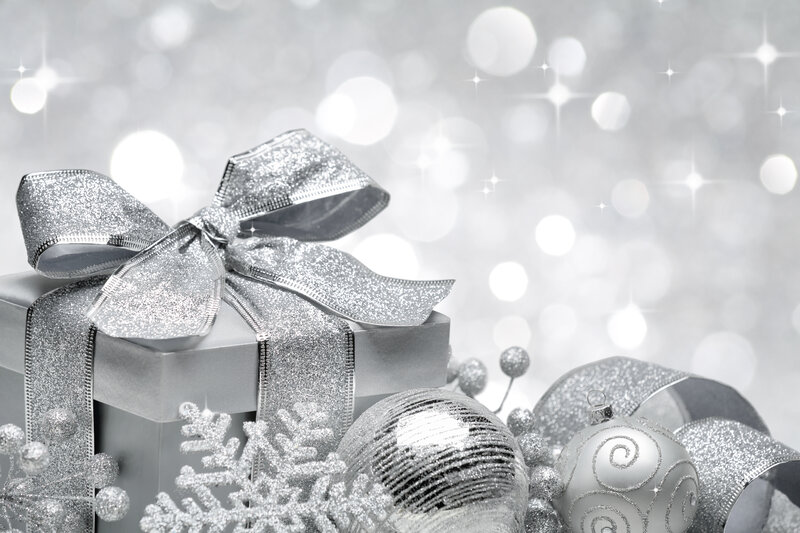 Silver Gift Box with Ornaments — Festive, Winter