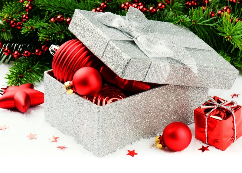 Silver Gift Box with Ornaments — Red, Festive