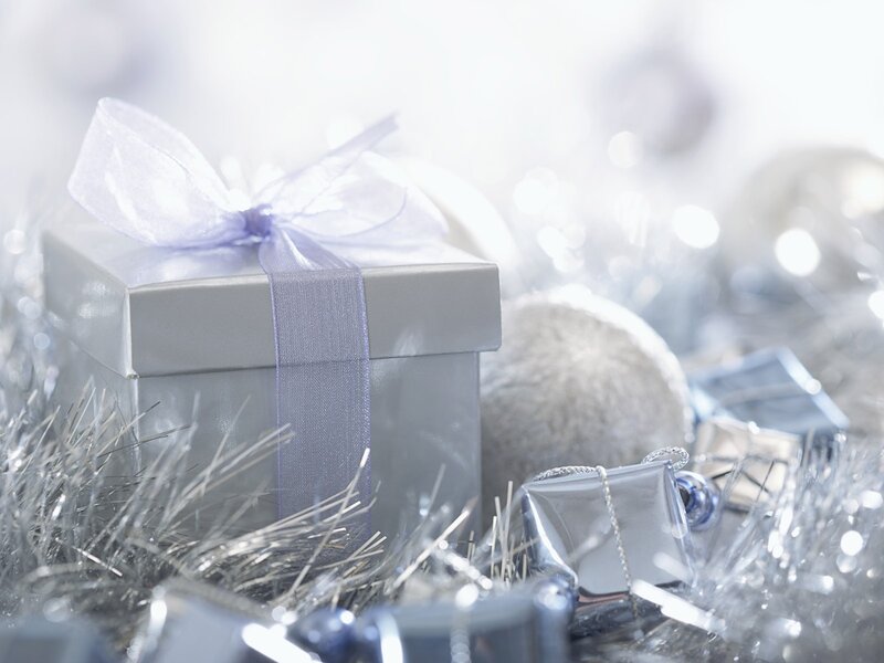 silver gift box with ribbon