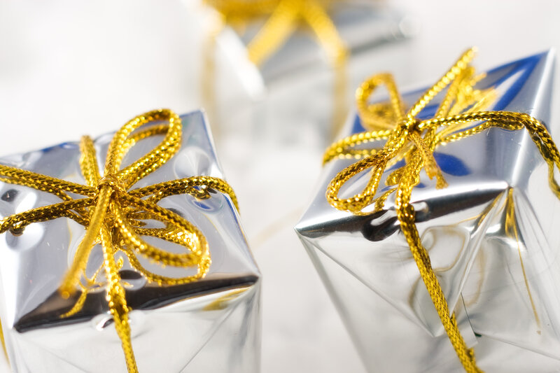 Silver Gift Boxes — Festive, Photograph, Gold Ribbon