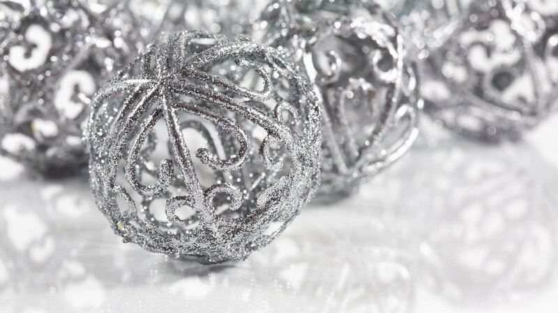 Silver Glitter Ornaments — Festive, Photograph, White Surface
