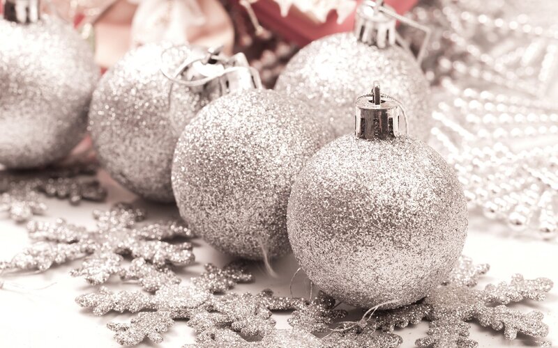 Silver Glitter Ornaments — Festive, Winter, Photograph, Snowflakes, Beads, White