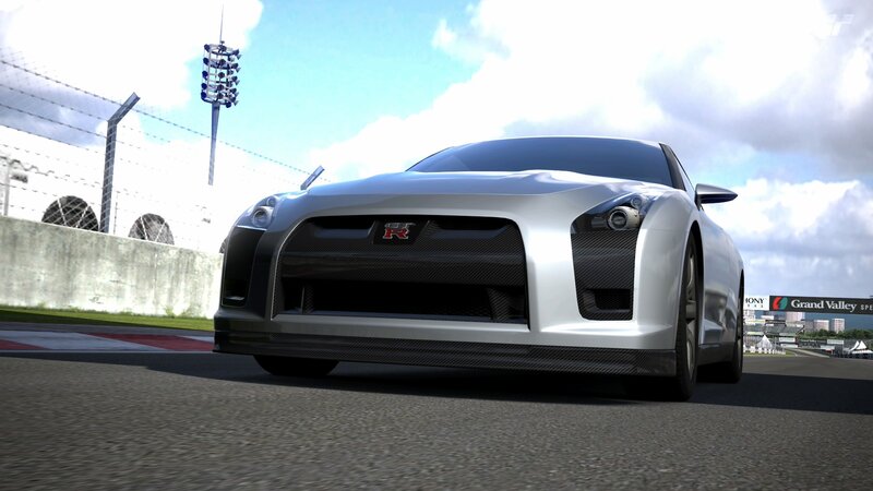 Silver GT-R on a racetrack
