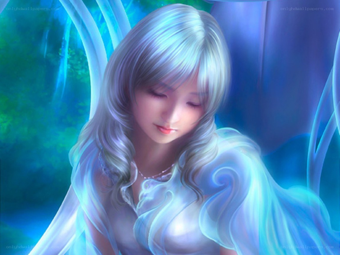 silver-haired angel in blue light