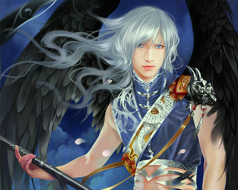 Silver-haired Angel Warrior — Blue, Dramatic