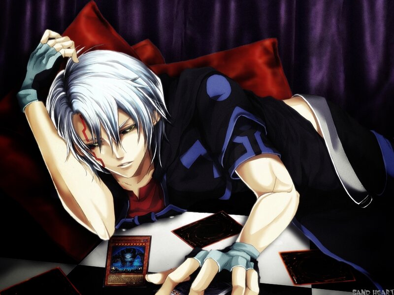 Silver-haired Anime Character — Black, Dramatic, Cards