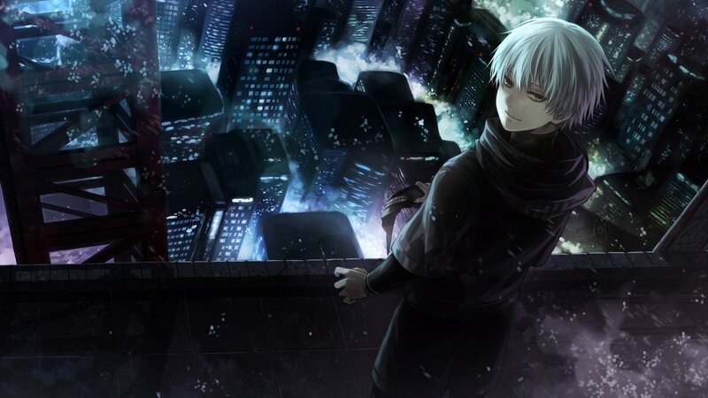 Silver-haired Anime Character — Black, Dramatic, Night, Cityscape, Snow, Building