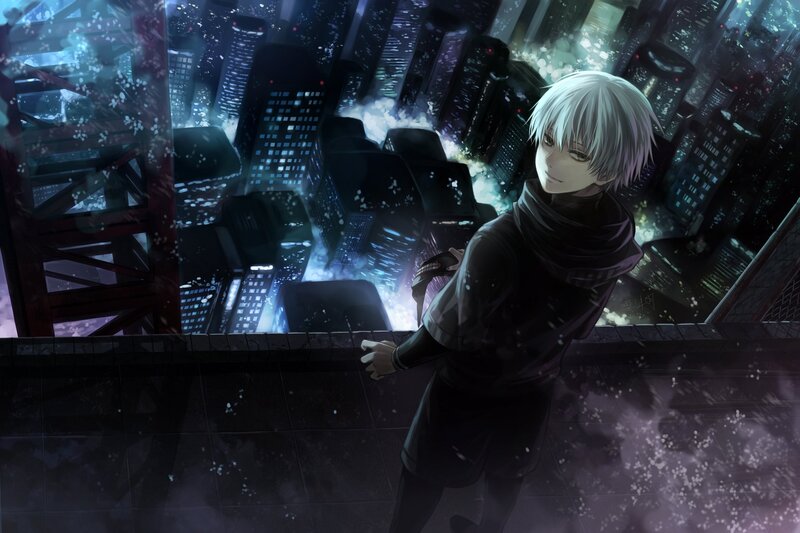 Silver-haired Anime Character — Black, Dramatic, Night, Cityscape, Snow