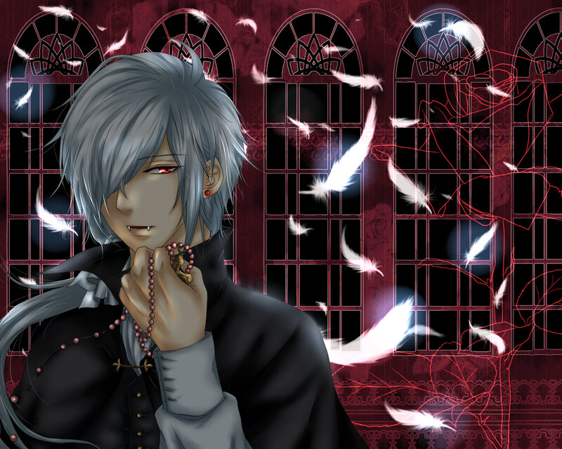 Silver-haired Anime Character — Black, Dramatic, Night, Feathers, Roses