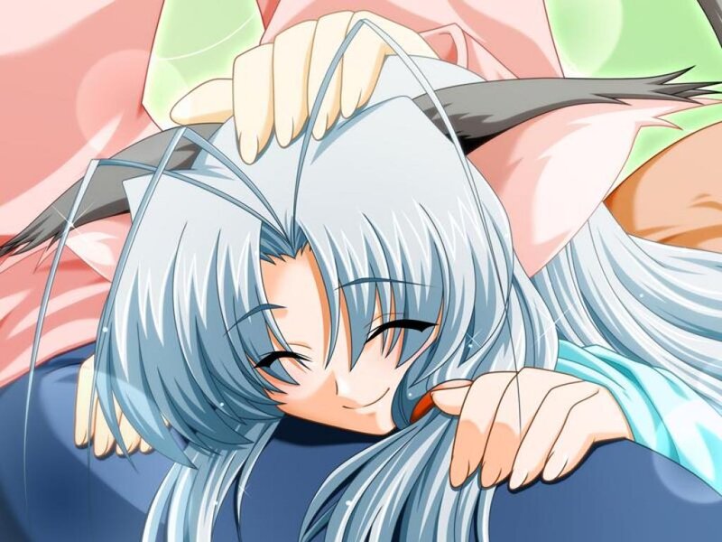 silver-haired anime character hugging