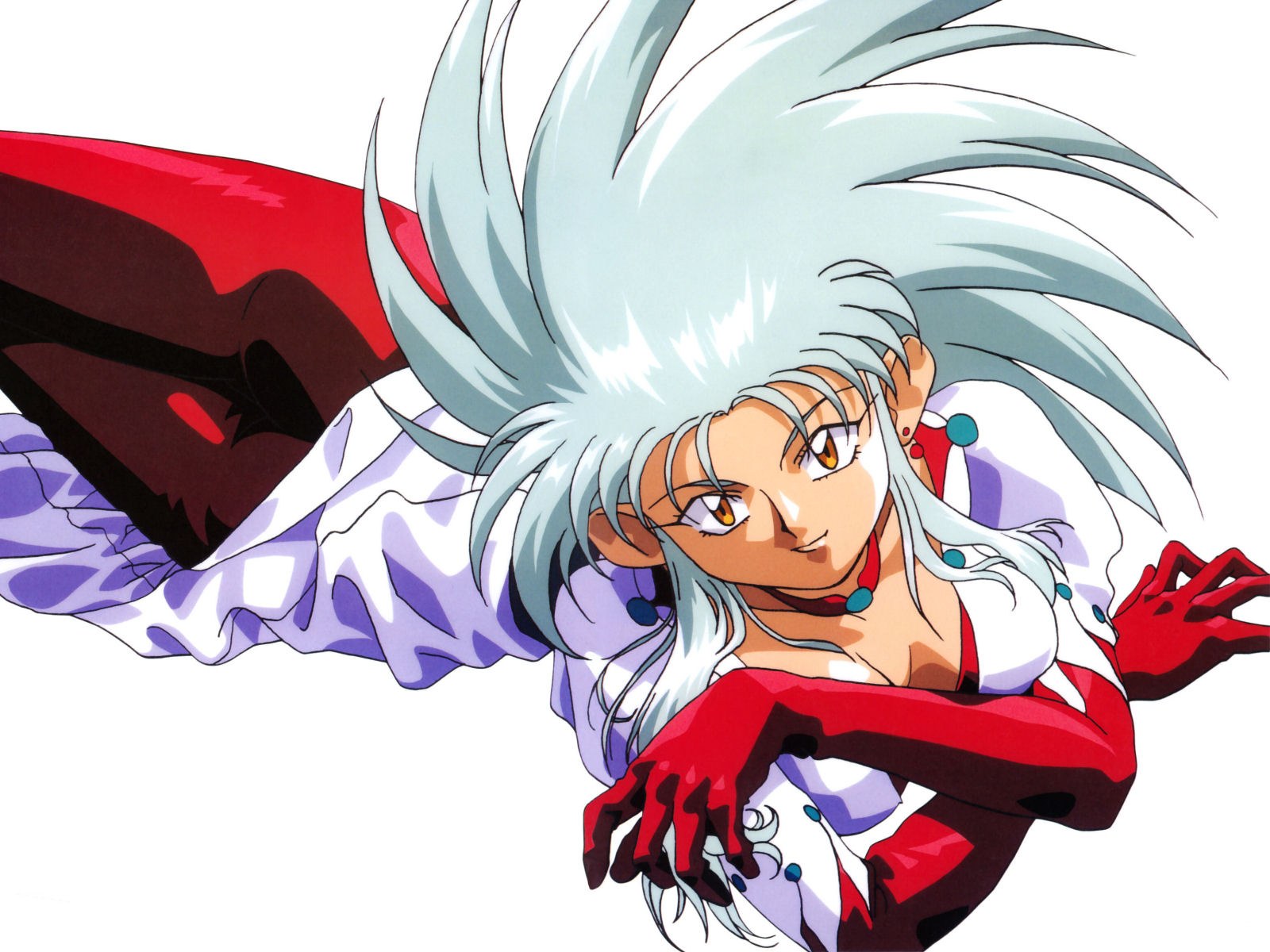 silver-haired anime character in red and white