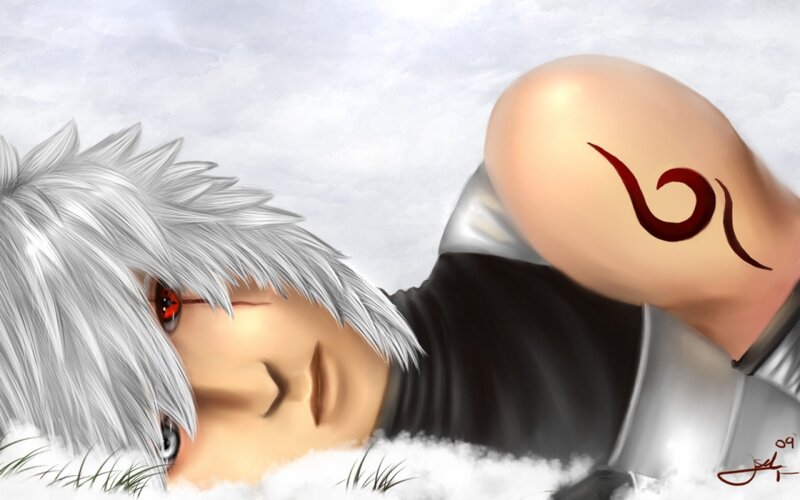 silver-haired anime character lying down