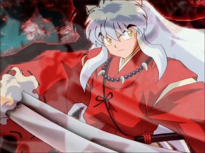 Silver-haired Anime Character — Red, Dramatic, Red Robe, Beads, Sword