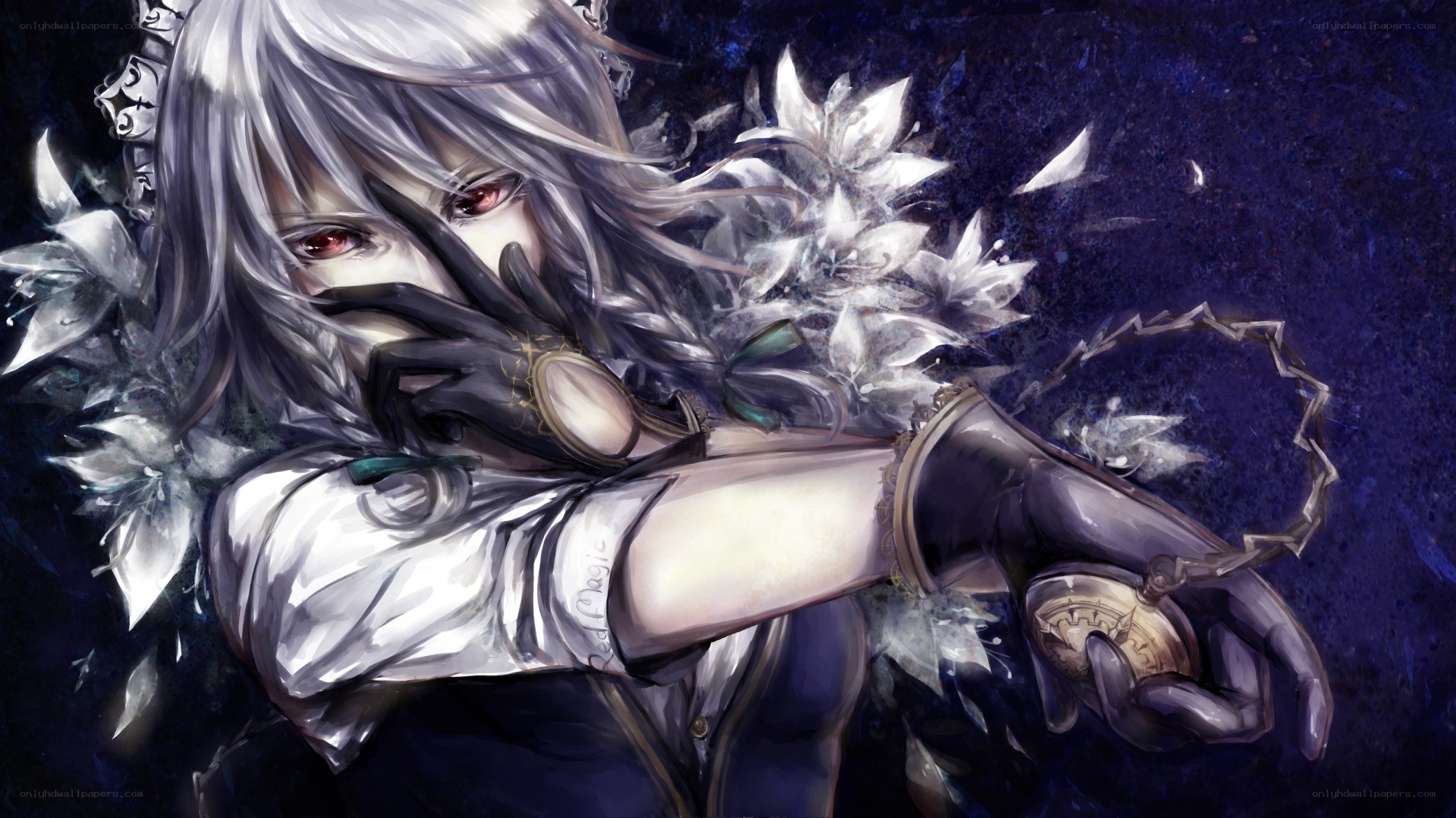 silver-haired anime character with flowers
