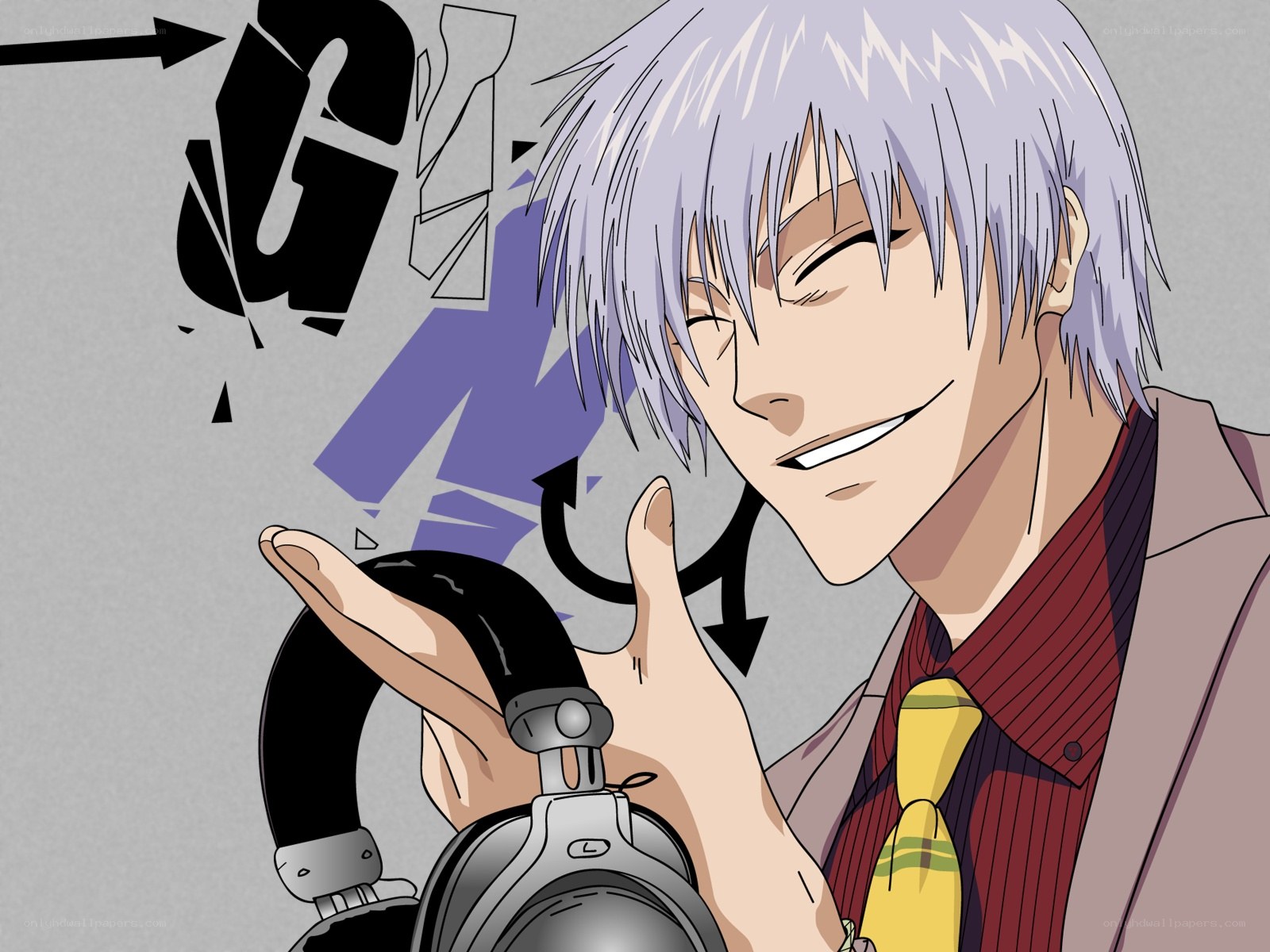 silver-haired anime character with headphones