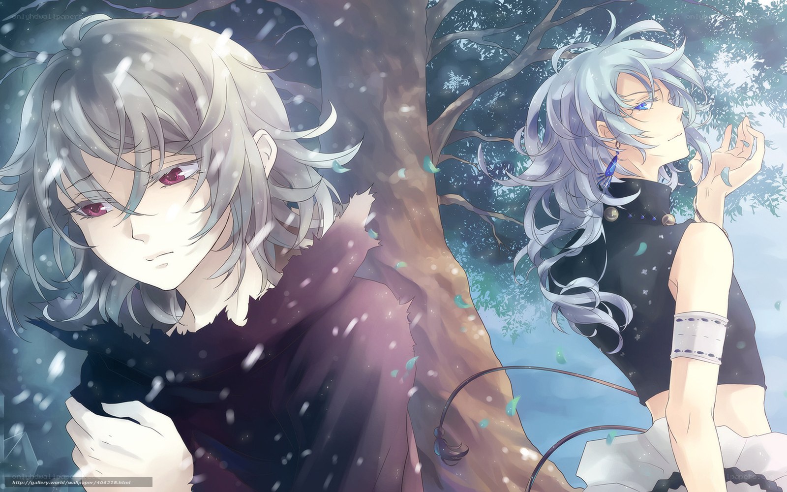 silver-haired anime characters in snow