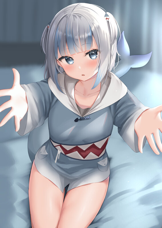 Silver-haired Anime Girl — Gray, Calm, Digital Art, Shark Costume
