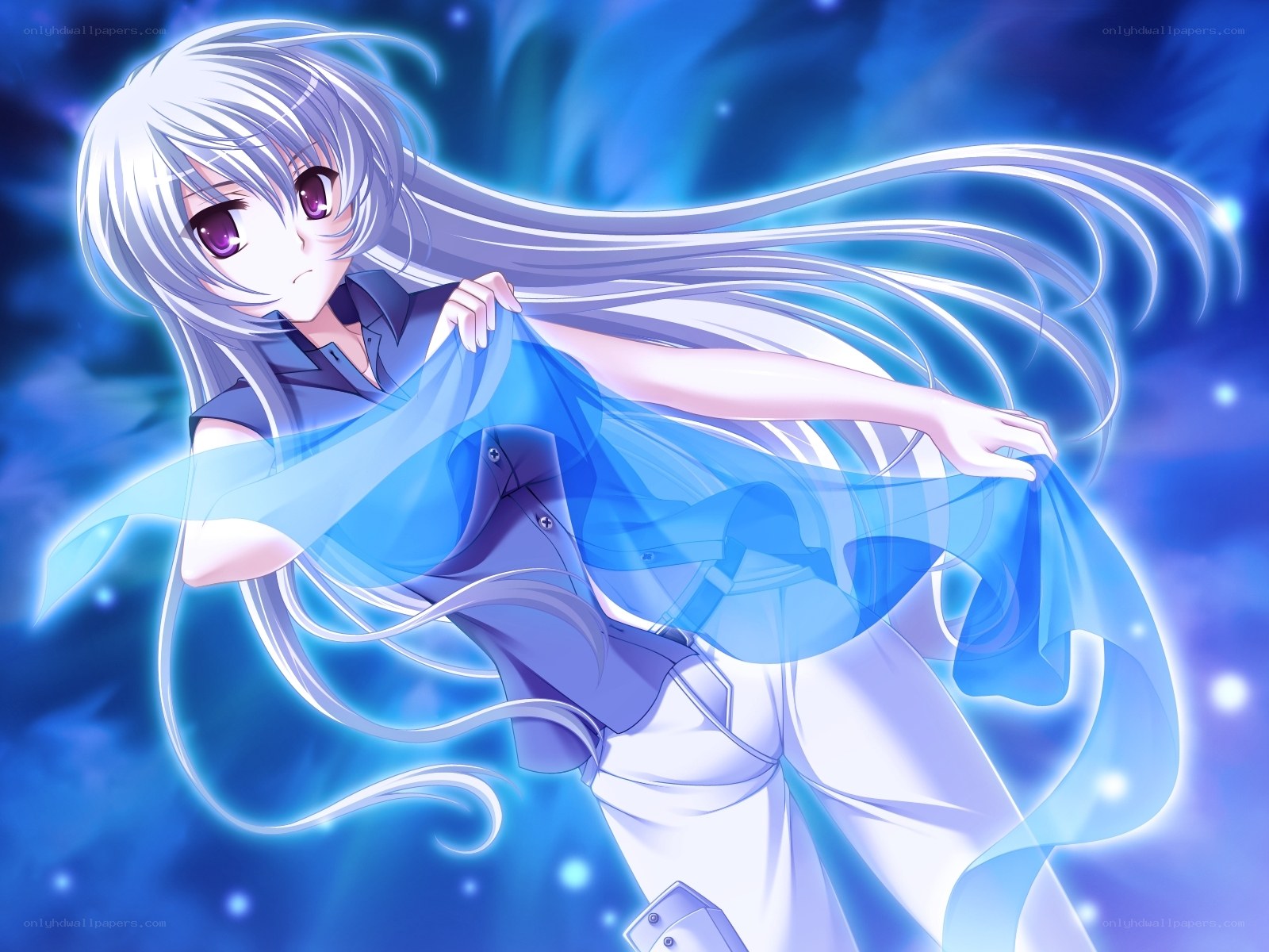 silver-haired anime girl in blue