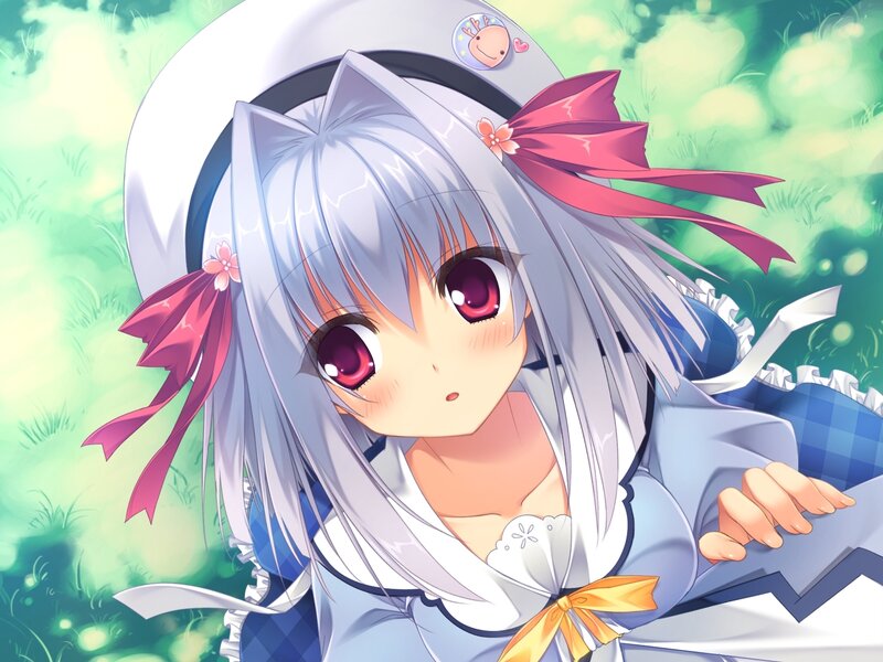 silver-haired anime girl in garden