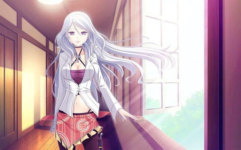 silver-haired anime girl in hallway