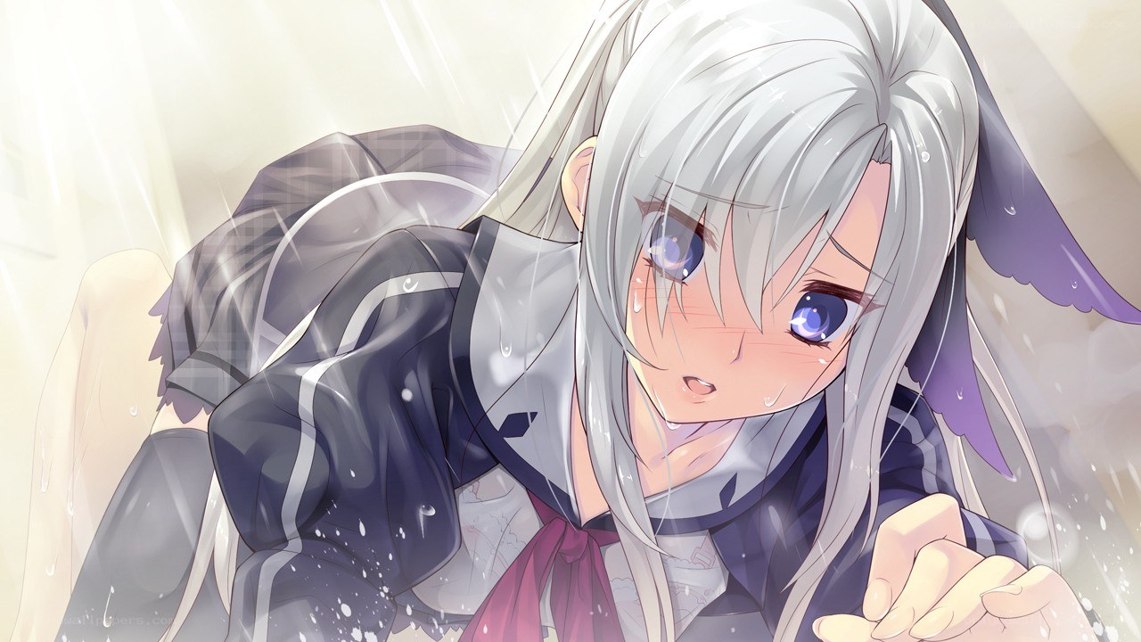 silver-haired anime girl in rain