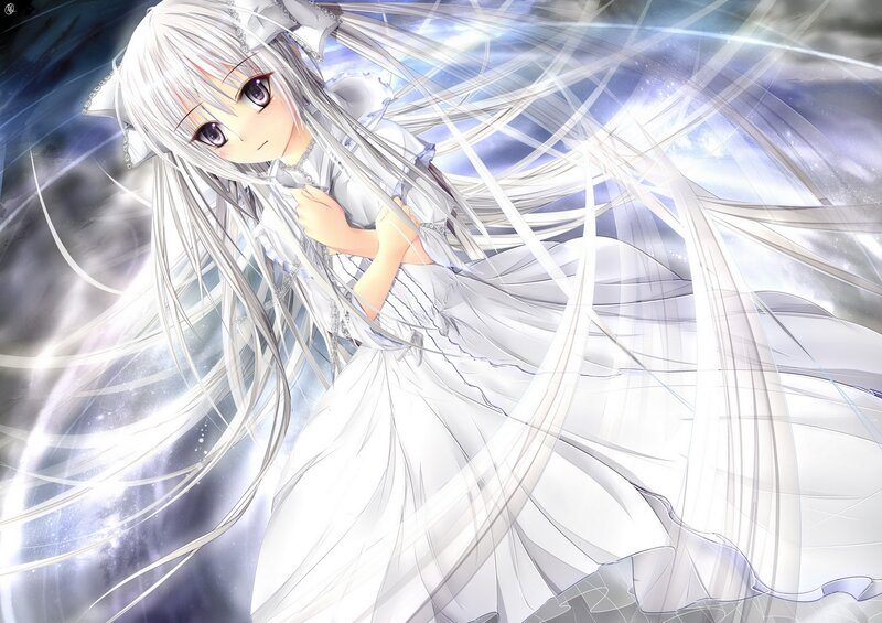 silver-haired anime girl in white dress
