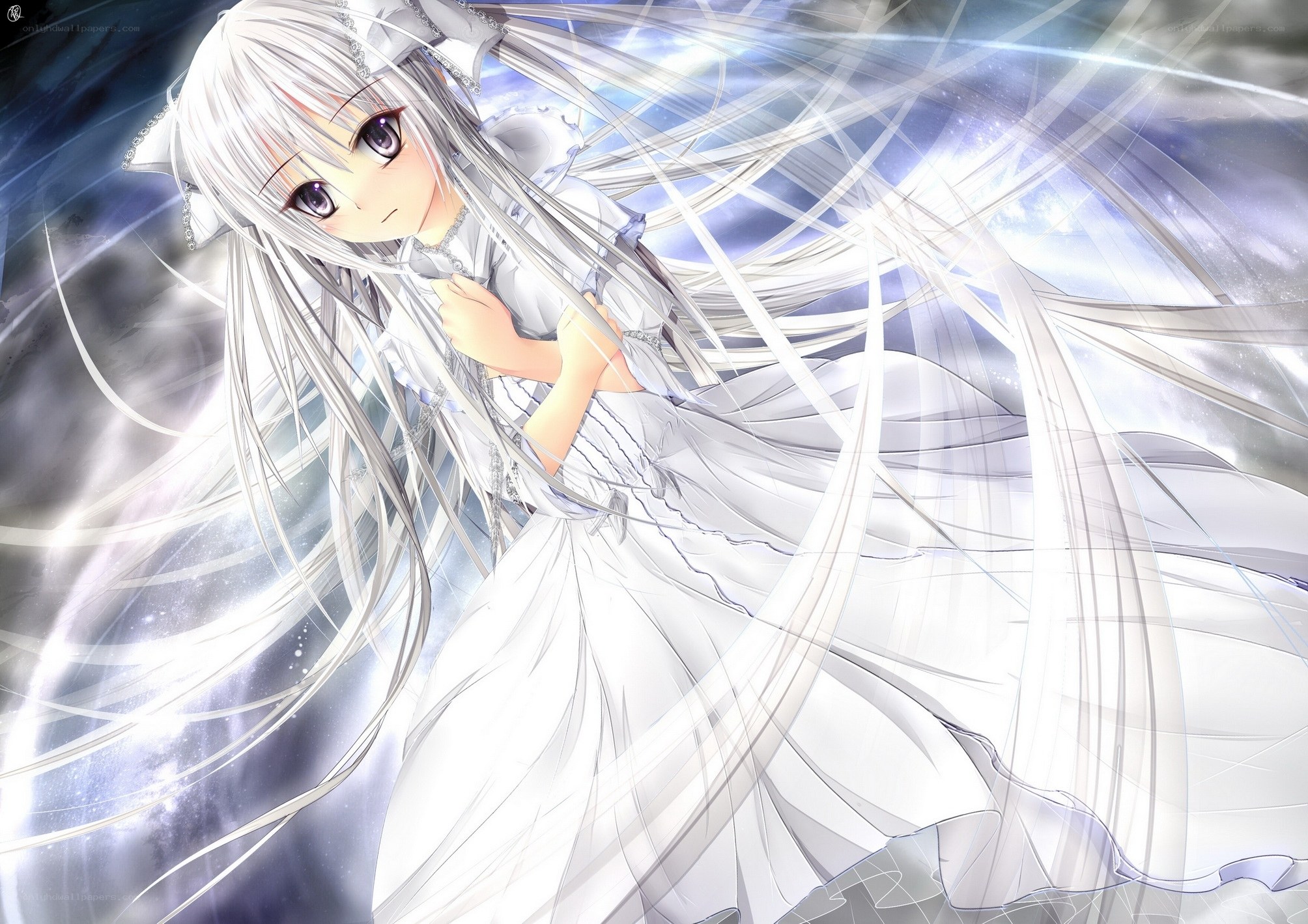 silver-haired anime girl in white dress