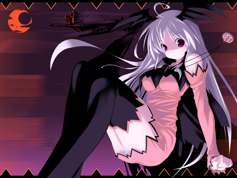 Silver-haired Anime Girl — Purple, Dramatic, Night, Wings