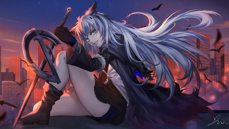 Silver-haired Anime Girl — Purple, Dramatic, Sunset