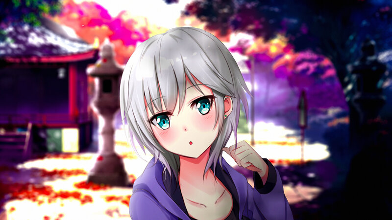 Silver-haired Anime Girl — Purple, Serene, Autumn, Temple