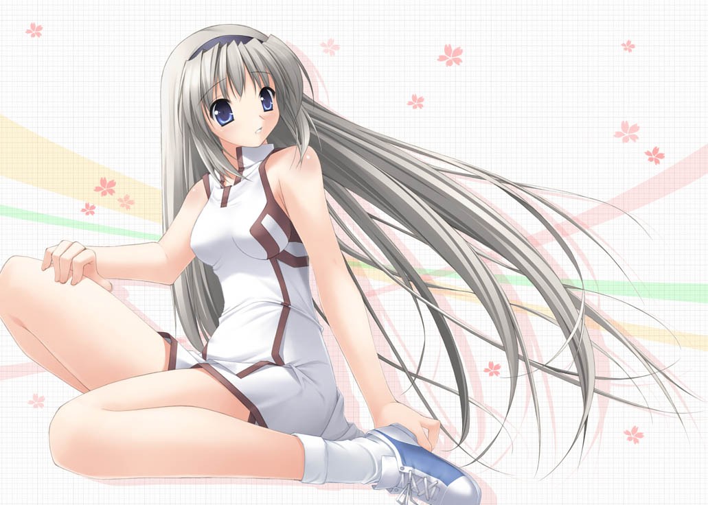 silver-haired anime girl sitting