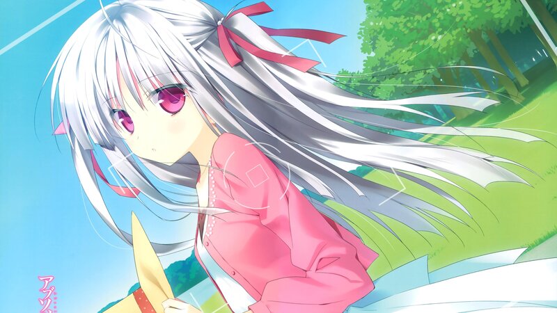Silver-haired Anime Girl — White, Calm, Afternoon, Pink Ribbon