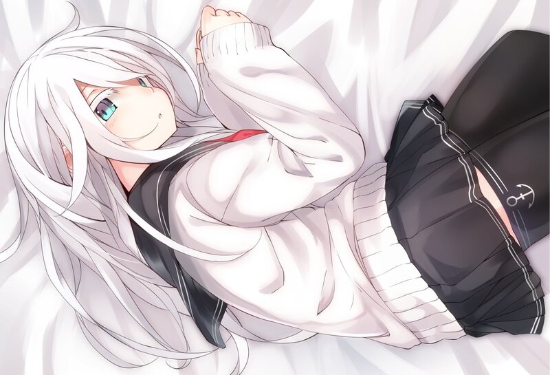 Silver-haired Anime Girl — White, Calm, Bed, Sweater