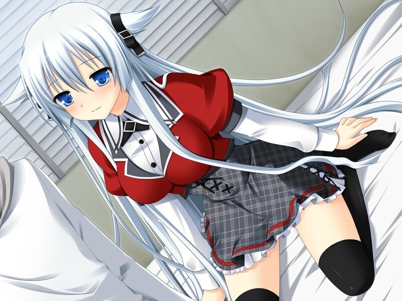 Silver-haired Anime Girl — White, Calm, School Uniform, Bed
