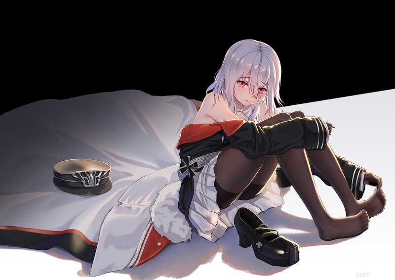 Silver-haired Anime Girl — White, Dramatic, Digital Art, Bed
