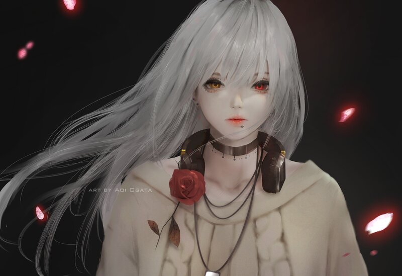 Silver-haired Anime Girl — White, Dramatic, Night, Digital Art