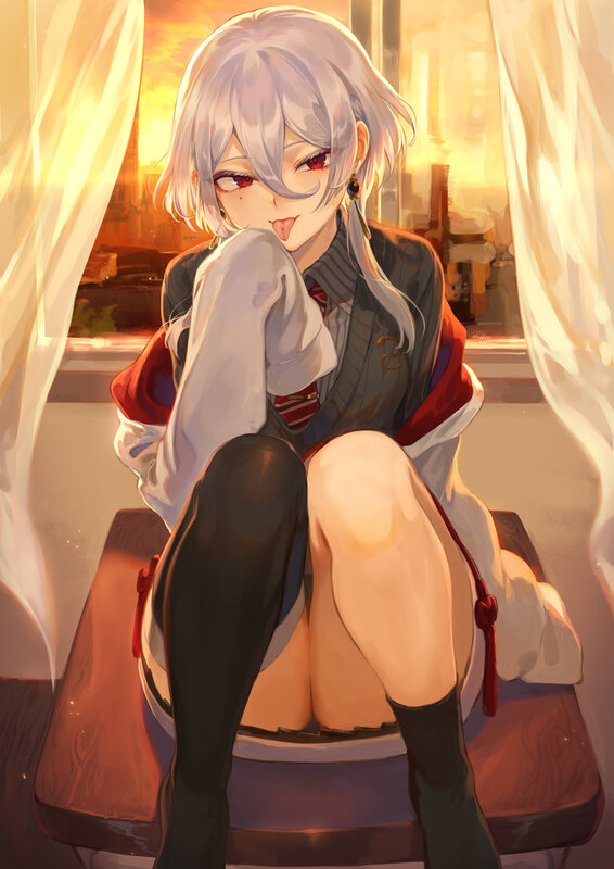 Silver-haired Anime Girl — White, Dramatic, Sunset