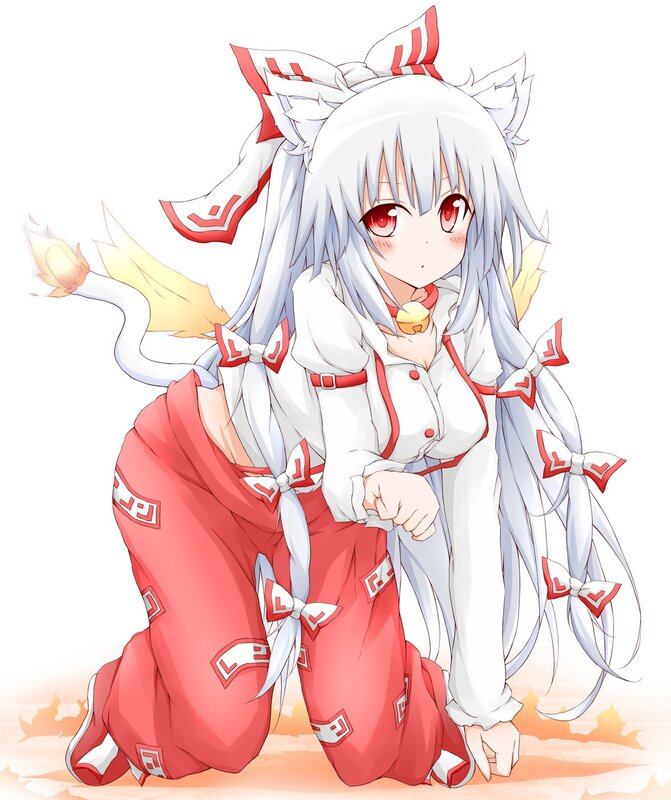 Silver-haired Anime Girl — White, Playful, Cat Ears, Tail, Red Eyes