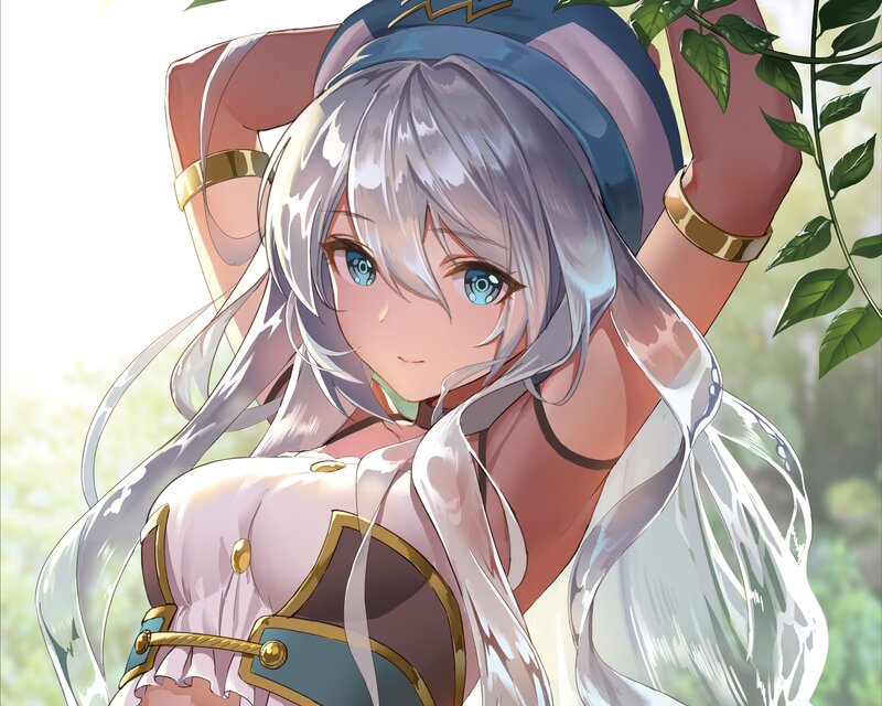 Silver-haired Anime Girl — White, Serene, Afternoon, Green Leaves