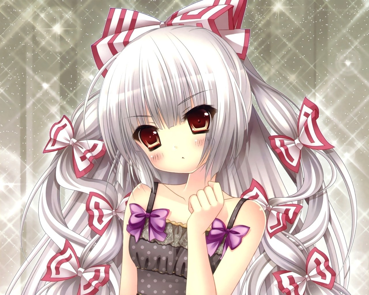silver-haired anime girl with bows