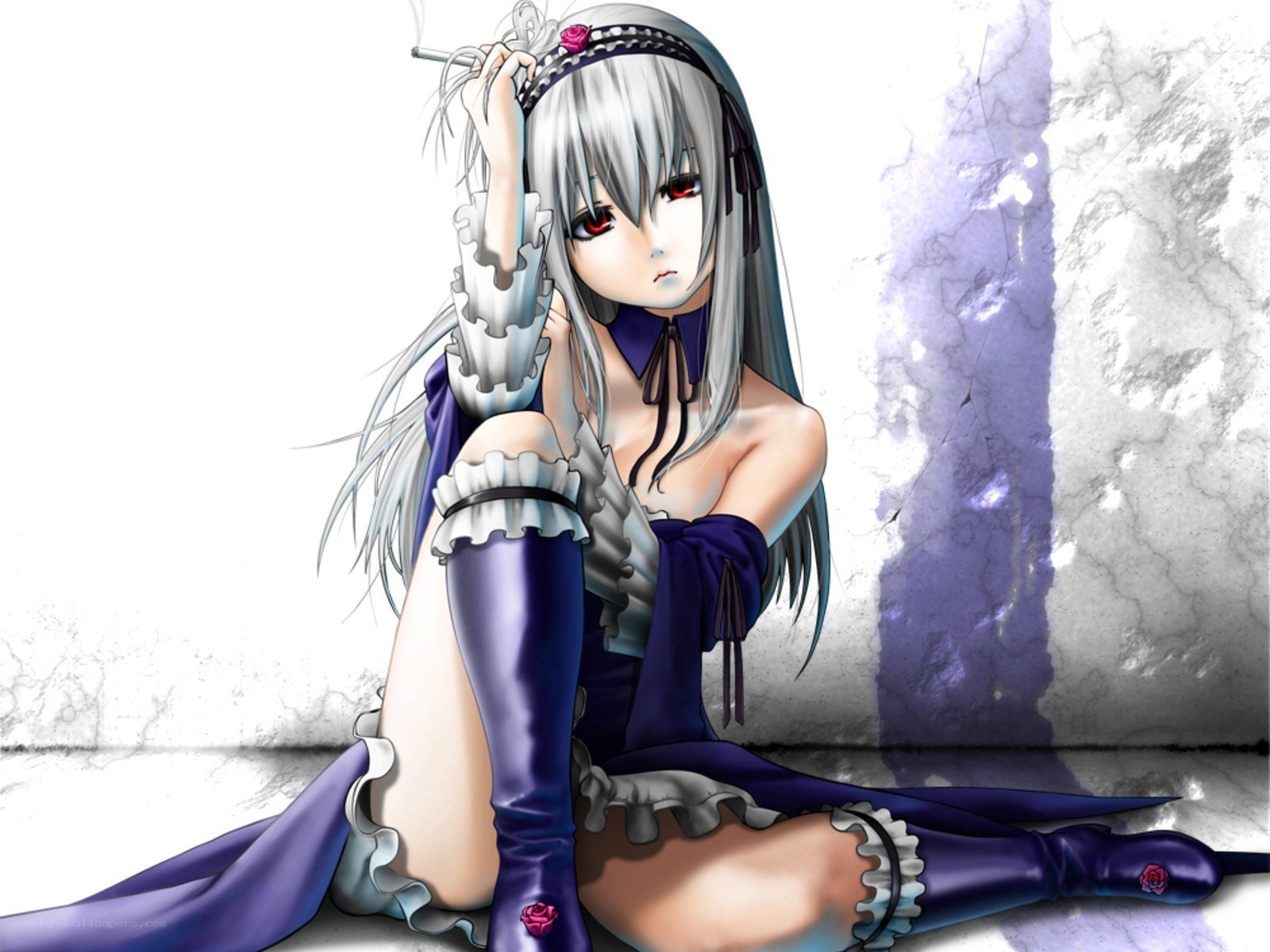 silver-haired anime girl with cigarette