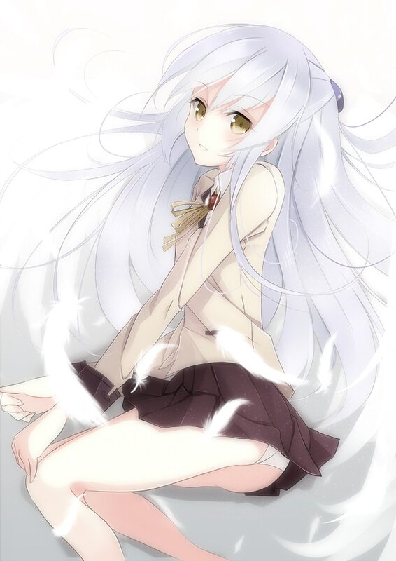 silver-haired anime girl with feathers