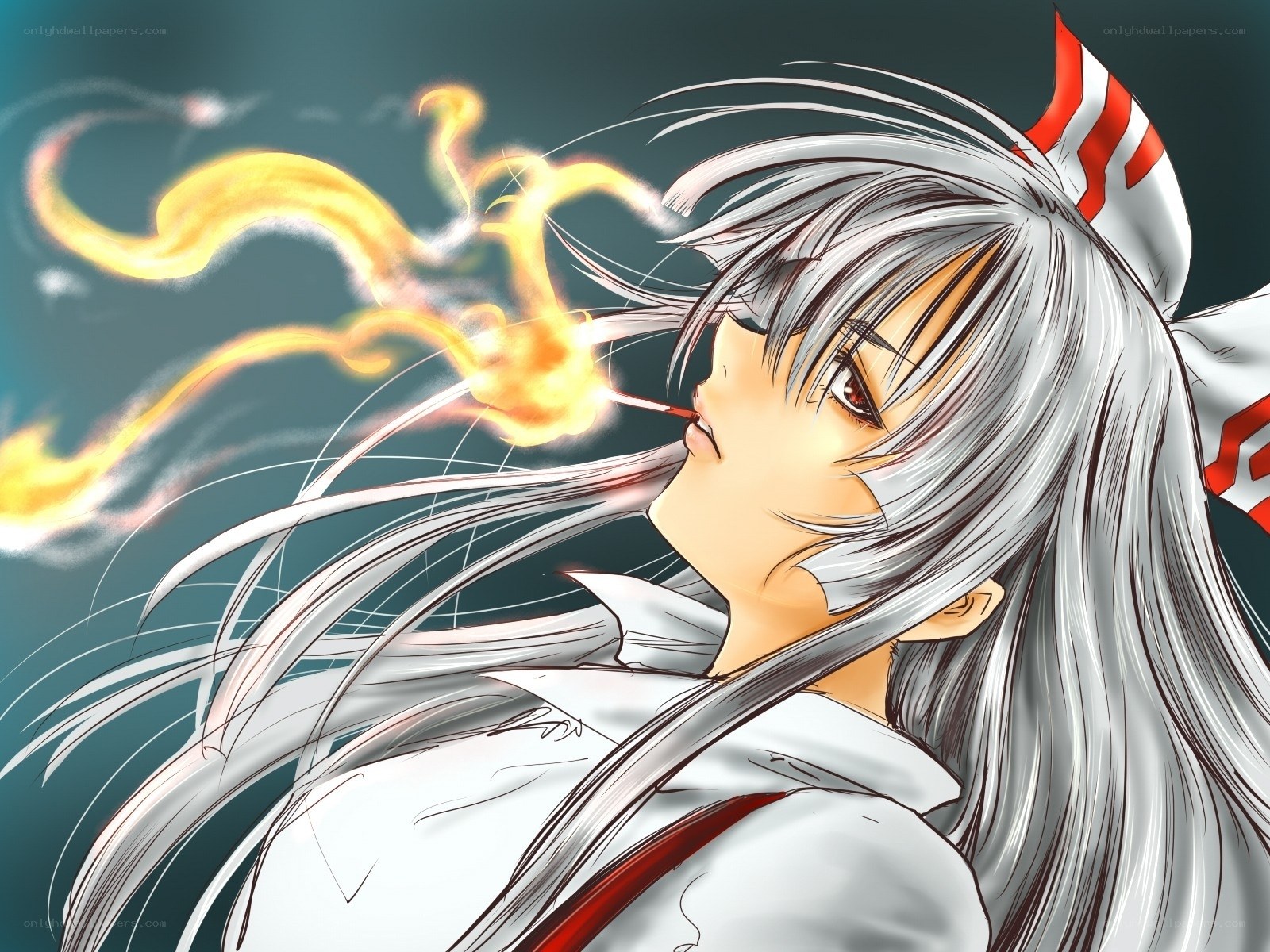 silver-haired anime girl with fire