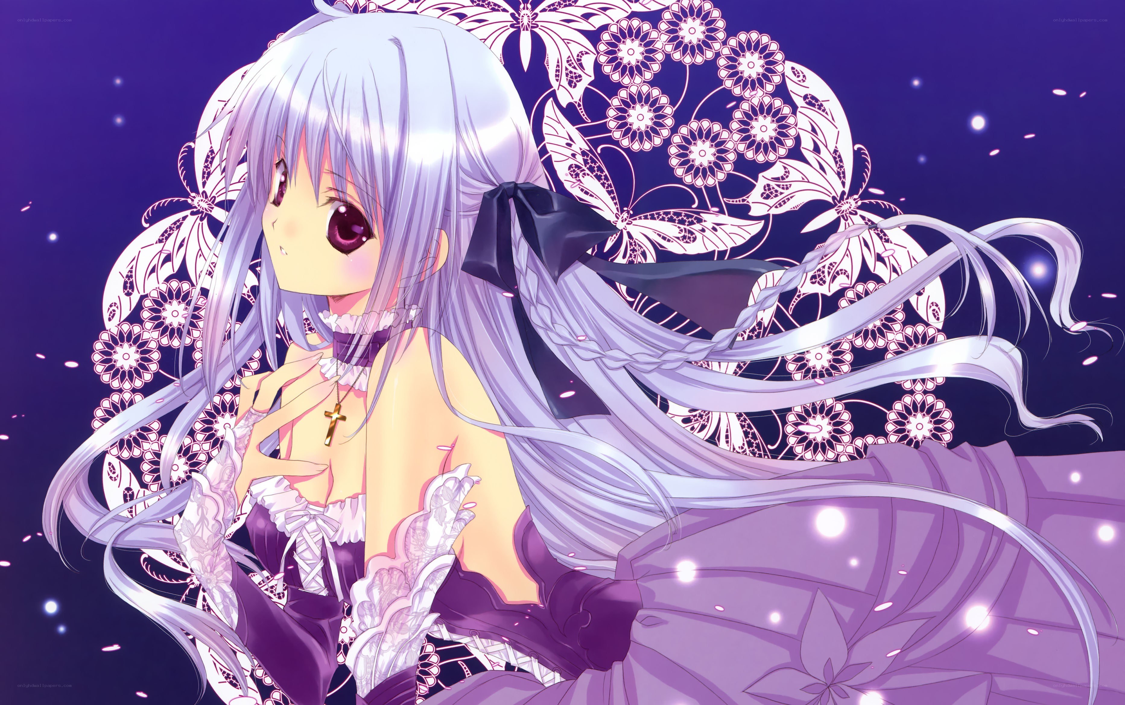 silver-haired anime girl with flowers