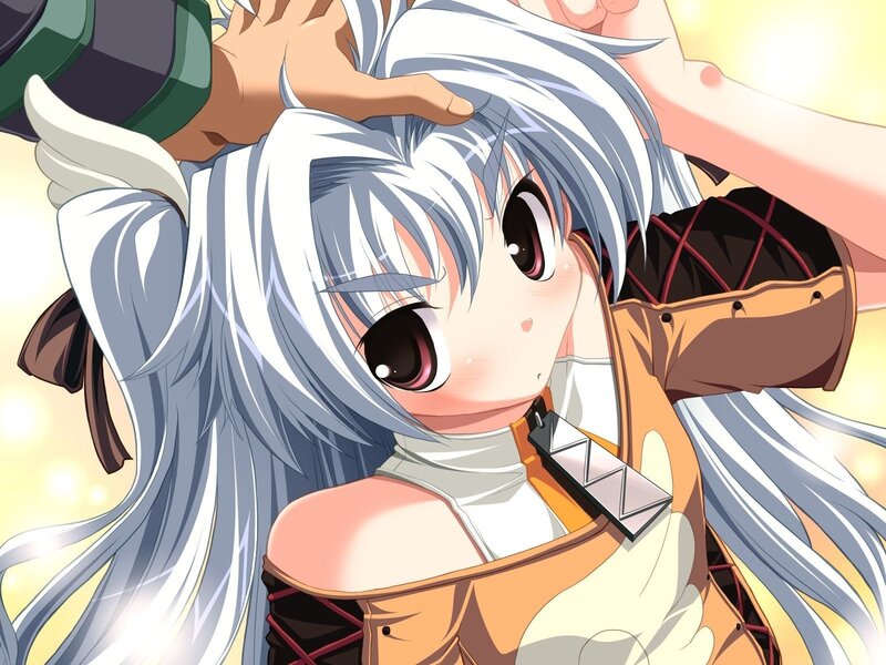silver-haired anime girl with hands on head