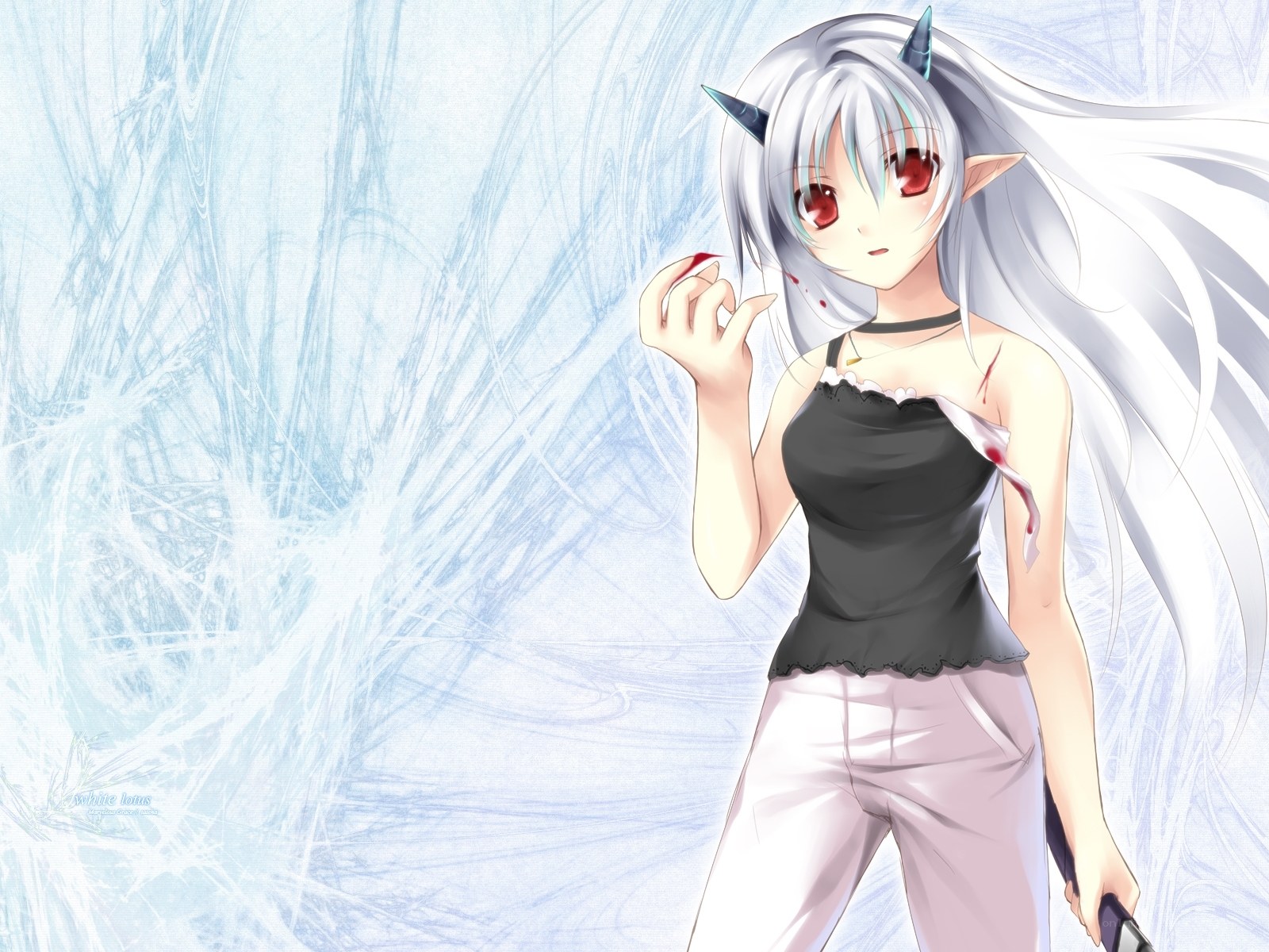 silver-haired anime girl with horns