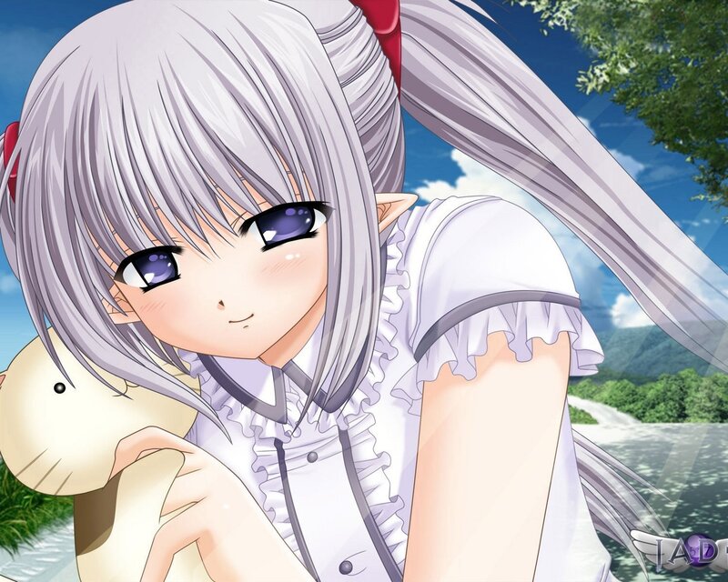 silver-haired anime girl with plush