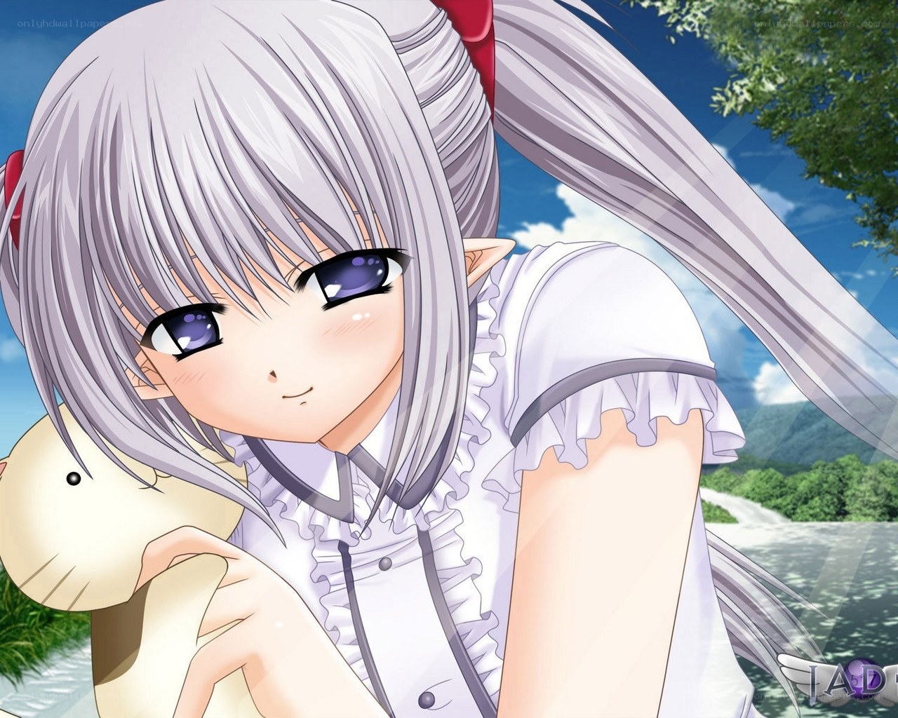 silver-haired anime girl with plush