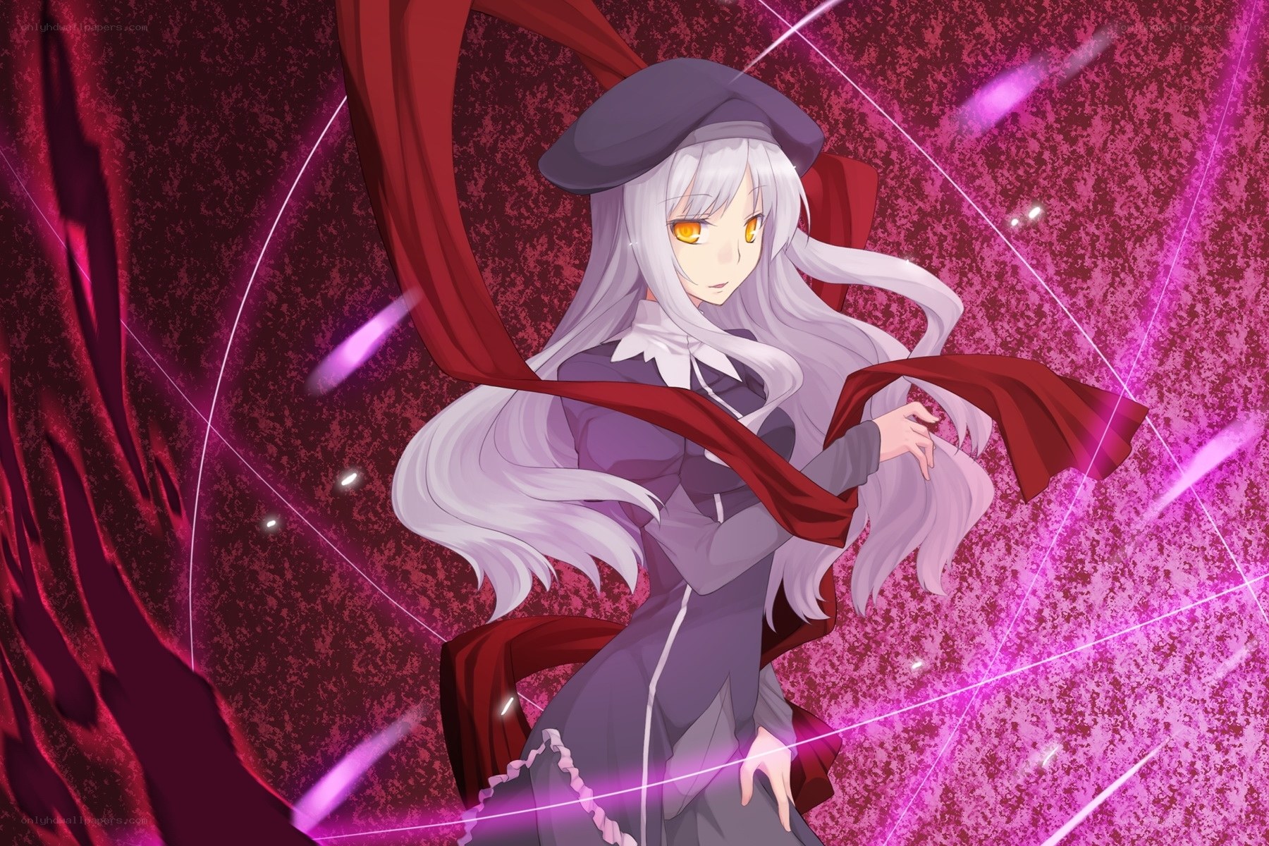 silver-haired anime girl with red scarf